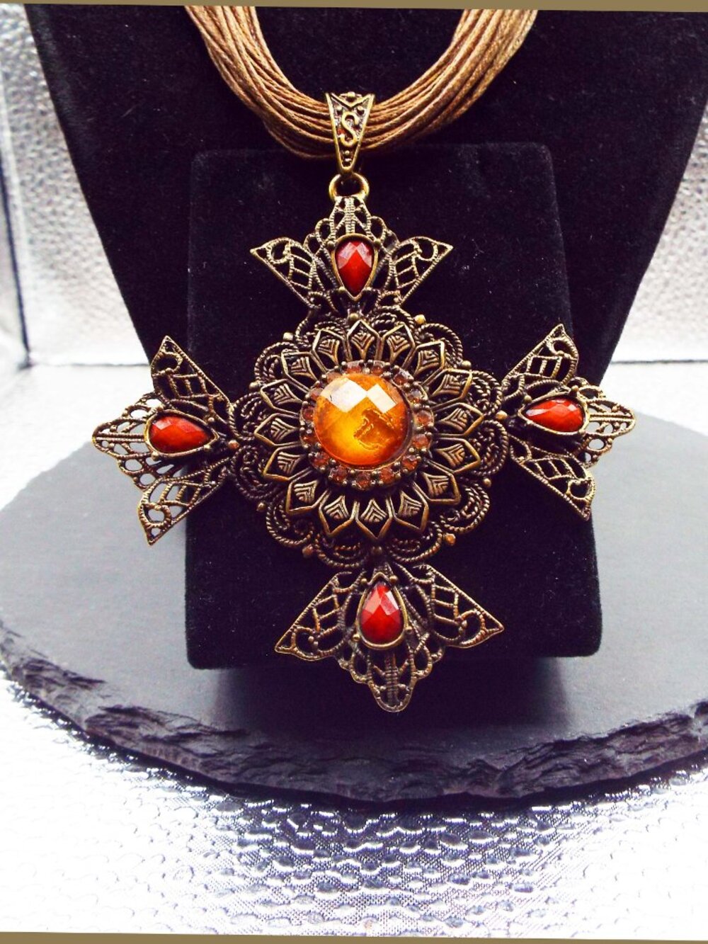 ART MASSIVE MALTESE CRUSADERS CROSS PENDANT W/ FAUX AMBER MULTICORD NECKLACE 56